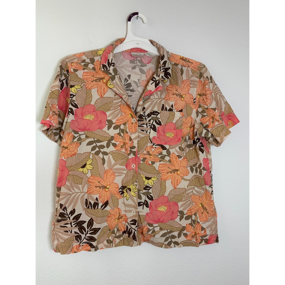 Erika Womens Medium Tropical Floral Button Up Shirt Pink Orange Cotton Rayon